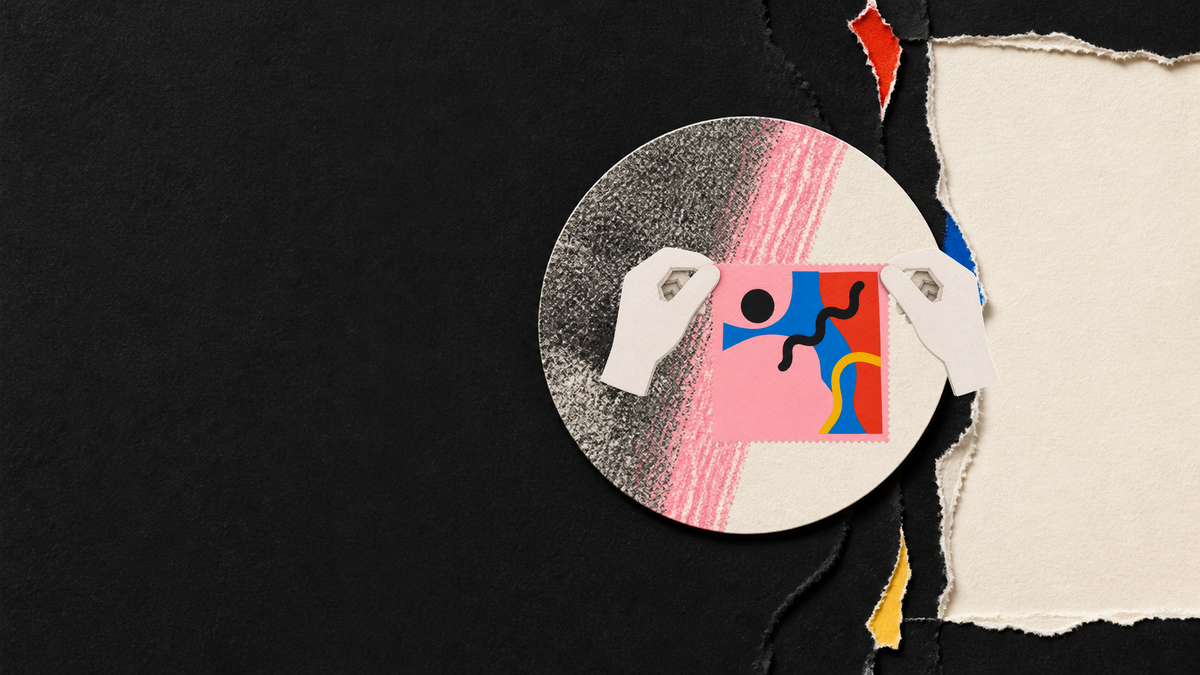 Tactile paper collage of puppet hands holding the pink microfibre cleaning cloth