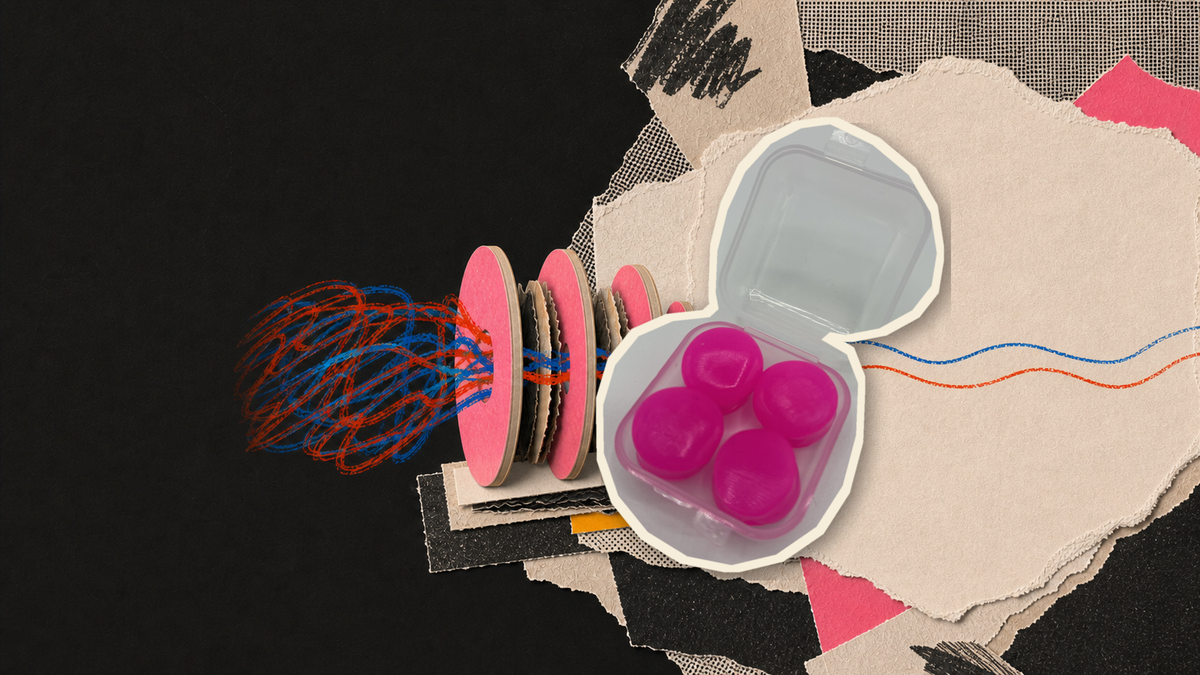 Tactile paper collage featuring hand-free pink silicone earplugs in an open case