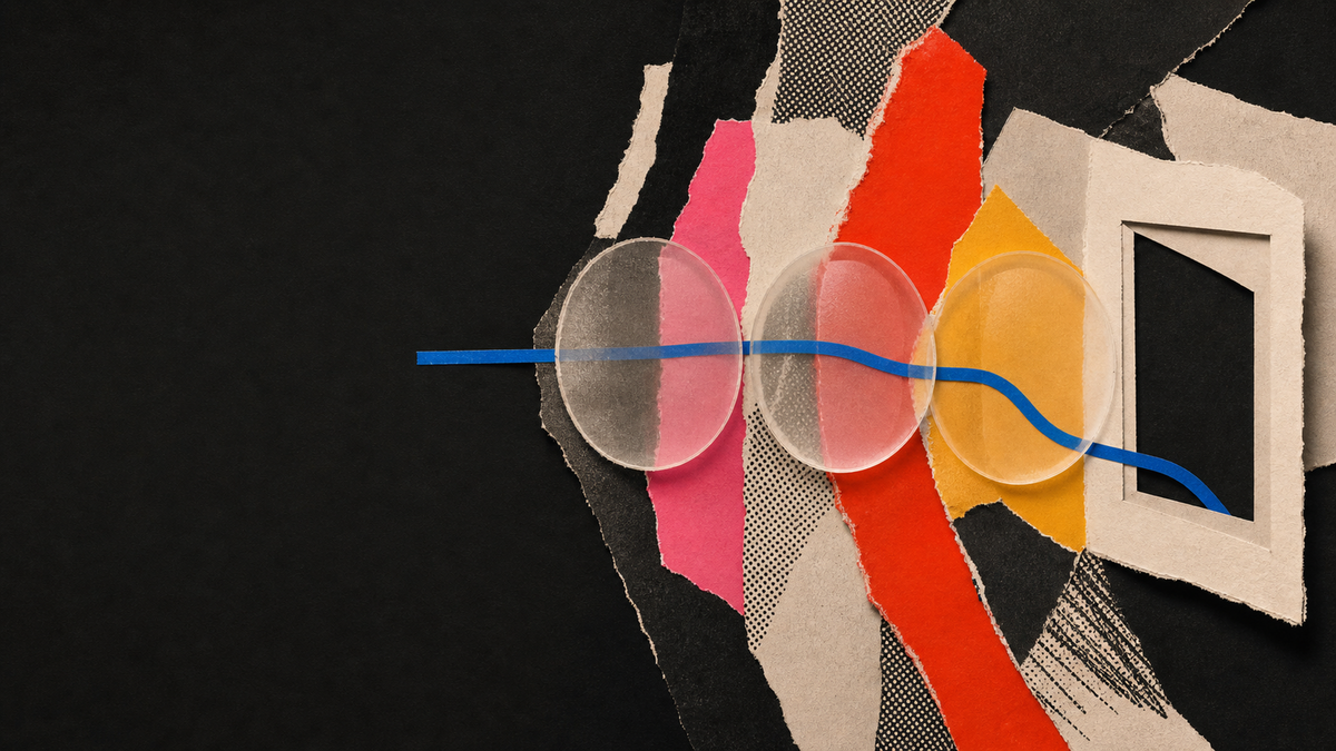 Tactile paper collage of three prescription lens strengths bending one blue line towards a frame